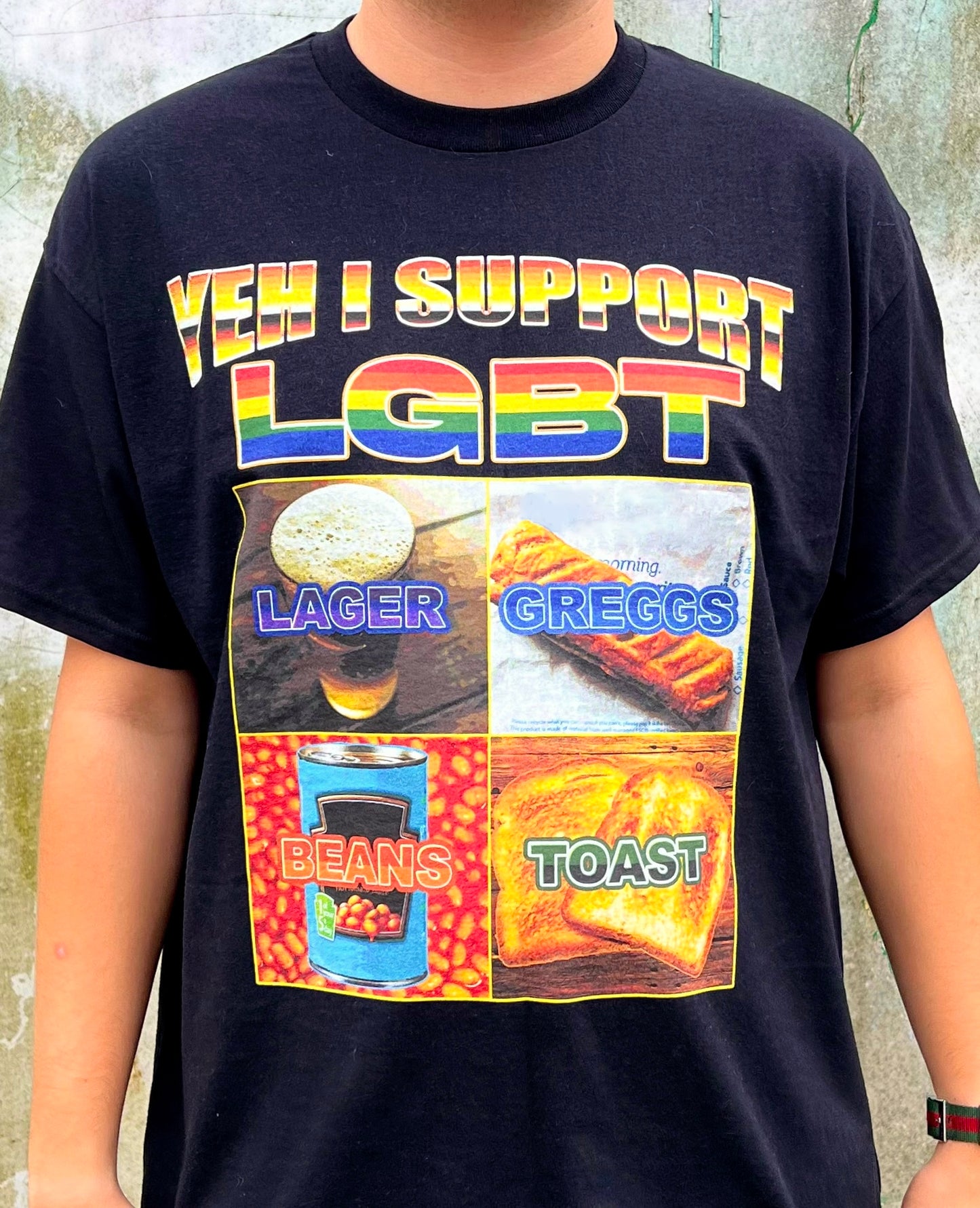 LGBT Lager Greggs Beans Toast Pride Funny Meme Tee t-shirt